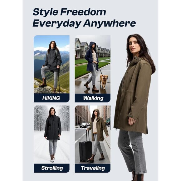 Women's Waterproof Rain Jacket with Fleece Lining Hooded Windbreaker Long Warm O - Picture 6 of 6